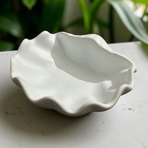 handcrafted white concrete sea shell trinket bowl  elegant minimalist jewelry organizer tray for rings earrings amp small accessories