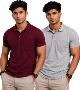 starknits Solid Men Polo Neck Grey T-Shirt