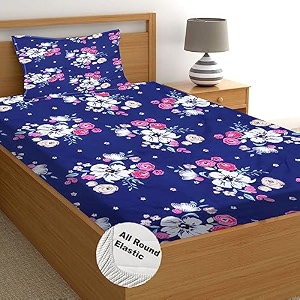 starnstyle160 tc cotton feel ezyption cotton elastic fitted all around printed full length single bed bedsheet with 1 pillow cover 3634 x 7834 blue flower