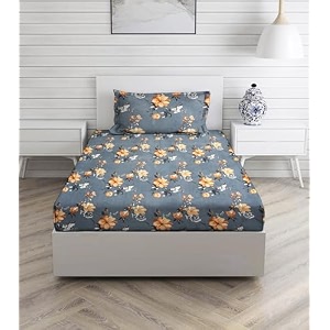160 tc ezyption cotton single bedsheet with 1 pillow cover grey yellow
