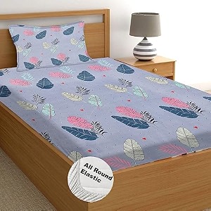 starnstyle160 tc cotton feel ezyption cotton elastic fitted all around printed full length single bed bedsheet with 1 pillow cover 3634 x 7834 yellow striped grey dark