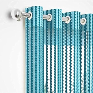 2 pieces zig zag strip semi-transparent sheer net curtains - size 5 feet window curtain aqua blue