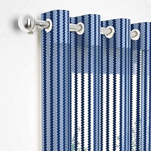 2 pieces zig zag strip semi-transparent sheer net curtains - size 7 feet door curtain navy blue