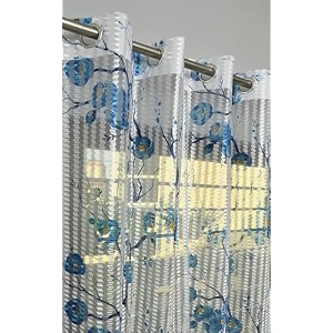 2 pieces zig zag strip with rose print semi-transparent sheer net curtains - size 7 feet door curtain blue rose