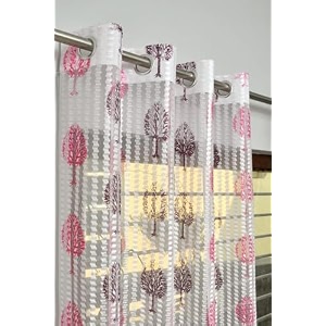 2 pieces zig zag strip with tree print semi-transparent sheer net curtains - size 5 feet window curtain pink tree