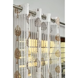 2 pieces zig zag strip with tree print semi-transparent sheer net curtains - size 9 feet long door curtain coffee tree