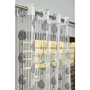 2 pieces zig zag strip with tree print semi-transparent sheer net curtains - size 7 feet door curtain grey tree