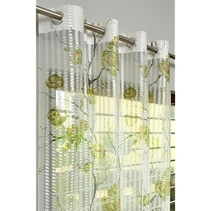 2 pieces zig zag strip with rose print semi-transparent sheer net curtains - size 7 feet door curtain green rose