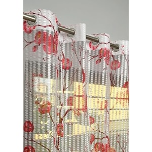 2 pieces zig zag strip with rose print semi-transparent sheer net curtains - size 9 feet long door curtain maroon rose