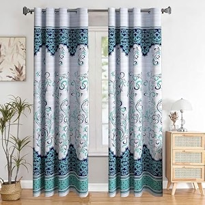 classic panel eyelet polyester floral print door curtain 7 feet pack of 2 green
