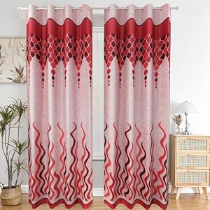 classic panel eyelet polyester floral print long door curtain 9 feet pack of 2 fire maroon