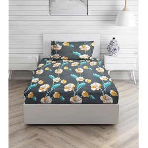 160 tc ezyption cotton single bedsheet with 1 pillow cover grey leaf