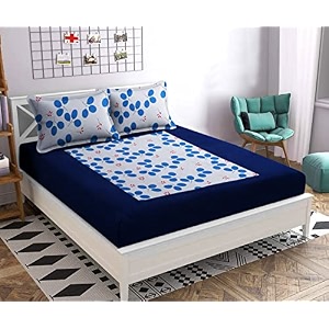premium 160 tc ezyption cotton blend floral printed pattern double bedsheet with 2 pillow covers breathable amp wrinkle free - 3 pcs set 228 x228 cm blue leaf