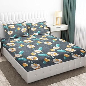 fitted bedsheet elastic fitted bedsheets king size bedsheet for double bed elastic fitted160 tc ezyption cotton premium floral fitted bedsheet with 2 pillow cover78x72 inches grey leaf