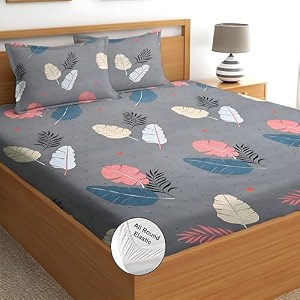 fitted bedsheet king size elastic fitted 144 tc ezyption cotton floral grey dark 1 count 1 fitted bedsheet and 2 pillow covers