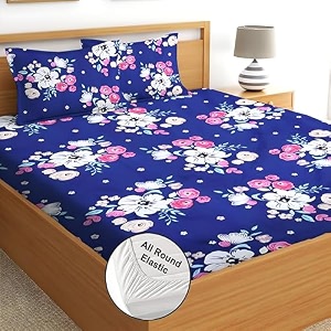 fitted bedsheetelastic fitted bedsheets king sizebedsheet for double bed elastic fitted144 tc ezyption cotton floral fitted bedsheet with 2 pillow cover78x72 inches blue flower