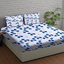 Fitted Bedsheet, Elastic Fitted Bedsheets King Size, Bedsheet for Double Bed Elastic Fitted,144 TC ezyption Cotton Premium Floral Fitted Bedsheet with 2 Pillow Cover(78x72 Inches Blue Leaf