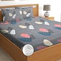 Fitted Bedsheet, King Size, Elastic Fitted, 144 TC Ezyption Cotton, Floral, Grey Dark, 1 Count, 1 Fitted Bedsheet and 2 Pillow Covers