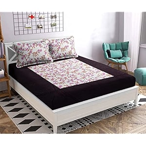 premium 160 tc ezyption cotton blend floral printed pattern double bedsheet with 2 pillow covers breathable amp wrinkle free - 3 pcs set 228 x228 cm coffee leaf