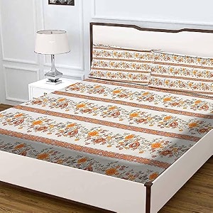 premium 160 tc ezyption cotton blend floral printed pattern double bedsheet with 2 pillow covers breathableamp wrinkle free - 3 pcs set 228 x228 cm yellow white