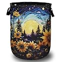Starry Sky Sunflower Laundry Basket, Moon Flower Laundry Hamper Collapsible Oxford Cloth with Handle Clothes Storage Bin for Bathroom Laundry Room Bedroom 15.7 X 20 Inch
