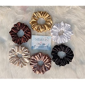starvis satin silk soft scrunchies for hair large size for breakage prevention for women girls sleeping with elastic hair bands nude shade color edition ponytail holder hairties -6 pack