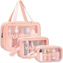 Wash Bag Pouch for Travel Kit Toiletry Bag Cosmetic Bag Make Up Box for Brushes, Accessories with Handle, Large Capacity Translucent Waterproof Travel Storage Organizer Set of 3 (Pink)