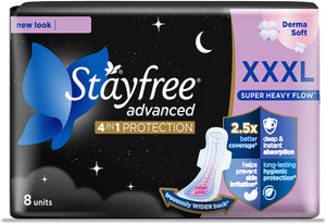 stayfree advanced all nights xxxl  odor control  absorbs 2x more  ultra thin pads sanitary pad pack of 8