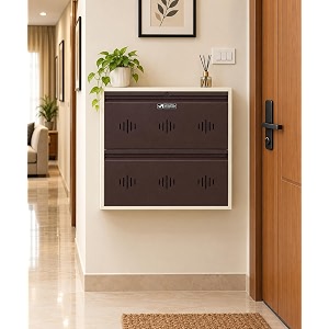 stayhappy wide wall-mounted ms shoe rack  key lock  compact design  thick metal layer for durability  powder-coated steel dark brown 2 door