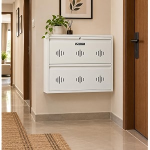 stayhappy wide wall-mounted ms shoe rack  key lock  compact design  thick metal layer for durability  powder-coated steel white 2 door