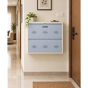 stayhappy wide wall-mounted ms shoe rack  key lock  compact design  thick metal layer for durability  powder-coated steel silver 2 door