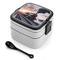 Steam Train Depart Sunset Double Layer Bento Box Modern Minimalist Design Stackable Lunch Box Leak-Proof Rectangle Lunchable Food Container for Family Or Meal Prep Work On The Go