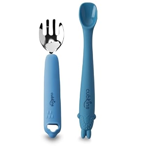 cubkins early feeding bendable silicone spoon set of 2 for newborn babies toddlers amp kids  non-toxic food safe and bpa free  washable and reusable raspberry blue olive