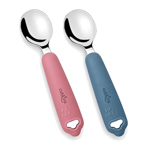 cubkins 304 stainless steel baby spoons set of 2 raspberry and blue olive silicone handles for self-feeding and baby-led weaning rounded steel heads 100 plastic-free 9 months
