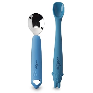 cubkins steel head spoon with early feeding bendable training spoon for feeding baby  non toxic food safe and bpa free  washable and reusable blue olive