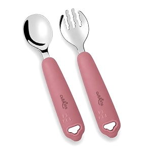 cubkins gentle-bite 304 stainless steel toddler spoon and fork set silicone handles 100 plastic-free self-feeding cutlery for baby-led weaning 9 months raspberry