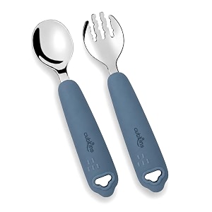 cubkins gentle-bite 304 stainless steel toddler spoon and fork set silicone handles 100 plastic-free self-feeding cutlery for baby-led weaning 9 months blue olive