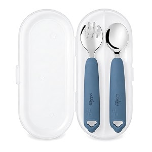 cubkins gentle-bite 304 stainless steel toddler spoon and fork set with travel case silicone handles self-feeding cutlery for baby-led weaning 9 months blue olive