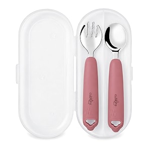 cubkins gentle-bite 304 stainless steel toddler spoon and fork set with travel case silicone handles self-feeding cutlery for baby-led weaning 9 months raspberry