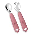 CUBKINS Gentle-Bite 304 Stainless Steel Toddler Spoon and Fork Set, Silicone Handles, 100% Plastic-Free Self-Feeding Cutlery for Baby-Led Weaning, 9 Months+ (Raspberry)