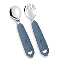CUBKINS Gentle-Bite 304 Stainless Steel Toddler Spoon and Fork Set, Silicone Handles, 100% Plastic-Free Self-Feeding Cutlery for Baby-Led Weaning, 9 Months+ (Blue Olive)