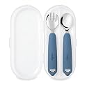 CUBKINS Gentle-Bite 304 Stainless Steel Toddler Spoon and Fork Set with Travel Case, Silicone Handles, Self-Feeding Cutlery for Baby-Led Weaning, 9 Months+ (Blue Olive)