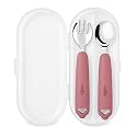 CUBKINS Gentle-Bite 304 Stainless Steel Toddler Spoon and Fork Set with Travel Case, Silicone Handles, Self-Feeding Cutlery for Baby-Led Weaning, 9 Months+ (Raspberry)