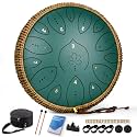 Steel Tongue Drum 13 Inches 15 Notes, Hand Pan Drums for Adults 440hz, C Major Handpan Musical Instrument with Song Book, Mallets and Carry Bag, Green