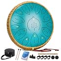 Steel Tongue Drum 13 Inches 15 Notes, Hand Pan Drums for Adults 440hz, C Major Handpan Musical Instrument with Song Book, Mallets and Carry Bag, Malachite Green