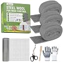 Steel Wool Mice Control, 3 Pack 3’’x11.5Ft Steel Wool & 1 Pack 5’’x15Ft Stainless Steel Wire Mesh with Gloves, Scissors & Wood Stick, Mouse Hole Filler DIY Kit for House & Garage, Wall Gaps