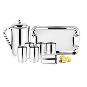 steelcraft premium stainless steel aqua lemon set 1 jug 6 glasses300 ml amp serving trayfor kitchentableware setfor gift item to serve water and juice silver colour