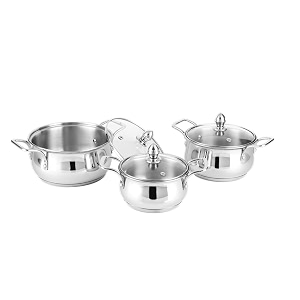 steelcraft premium stainless steel induction bottom almoracookware family combo best for cook and serve set of 3 pc casserole 14cm 850ml 16cm 1300ml18cm 1800ml with glass lids silver