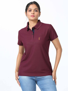 Stellers Solid Women Polo Neck Brown T-Shirt