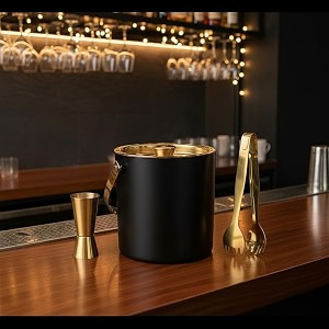stainless steel 3 piece black amp gold pvd coated bar set  double wall - ice bucket tong amp peg measure perfect for gifting